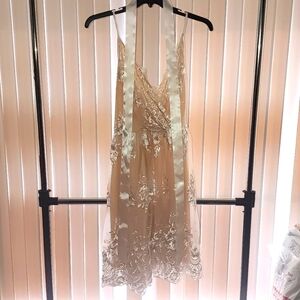 Embroidered mesh spaghetti strap dress